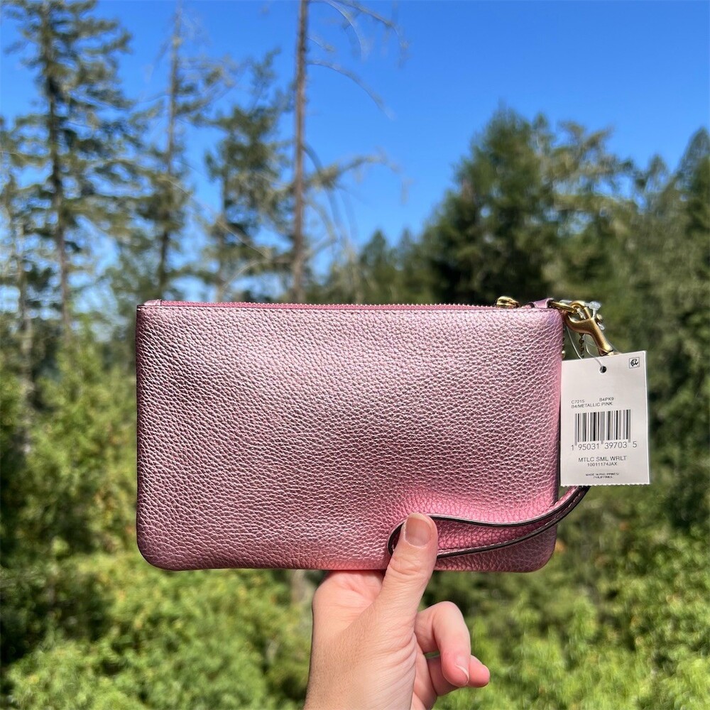 COACH Small Corner Zip Wristlet Wallet Pink Metallic Pebble Leather C7215 NWT - Picture 2 of 11